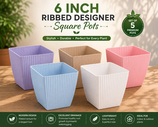 6 Inch Ribbed Designer Square Pots