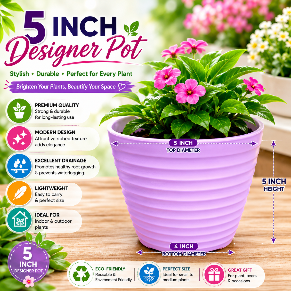 5 Inch Ribbed Designer Pots