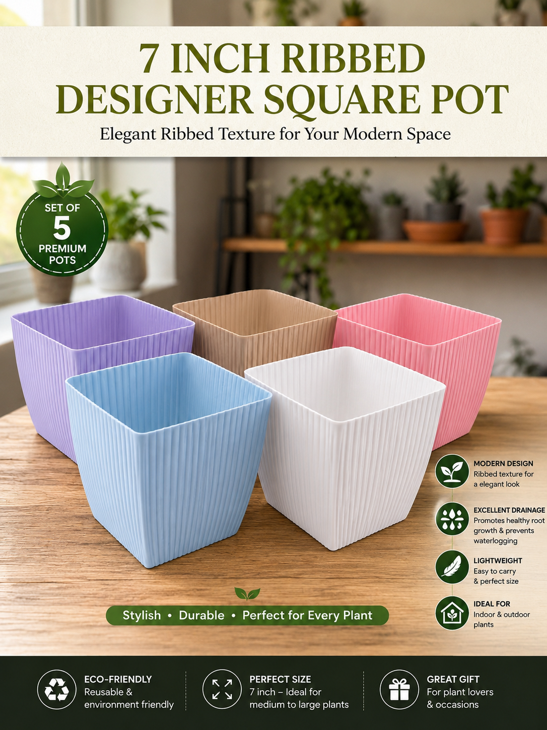 7 Inch Ribbed Designer Square Pots